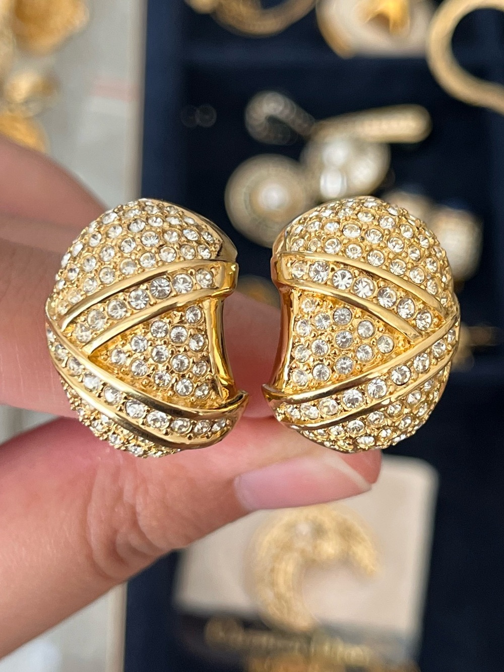 Vintage Christian Dior Classic Wrapped Knot Rhinestone Gold Hoop Clip Earrings